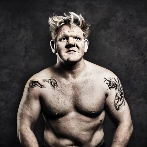 Prompt: full Portrait photography of someone who has the face of Gordon Ramsay, the body of a fantasy orc