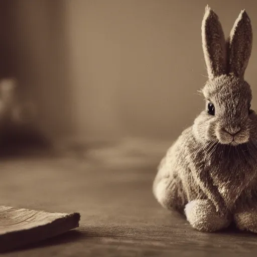 Prompt: bunny with long beard in dark, dusty attic. octane, photography, 8 k