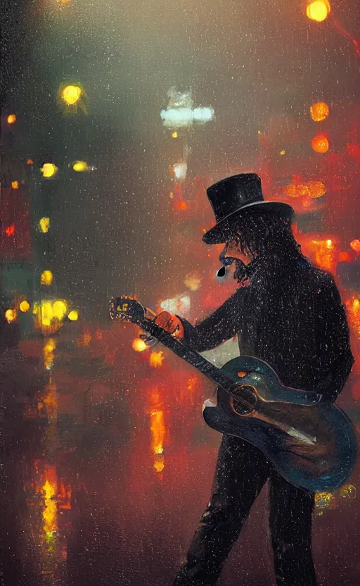 Prompt: a painting of slash playing the guitar, rainy night, lights, particles, depth of field, raindrops, crowd, lights, top hat by greg rutkowski, featured on artstation