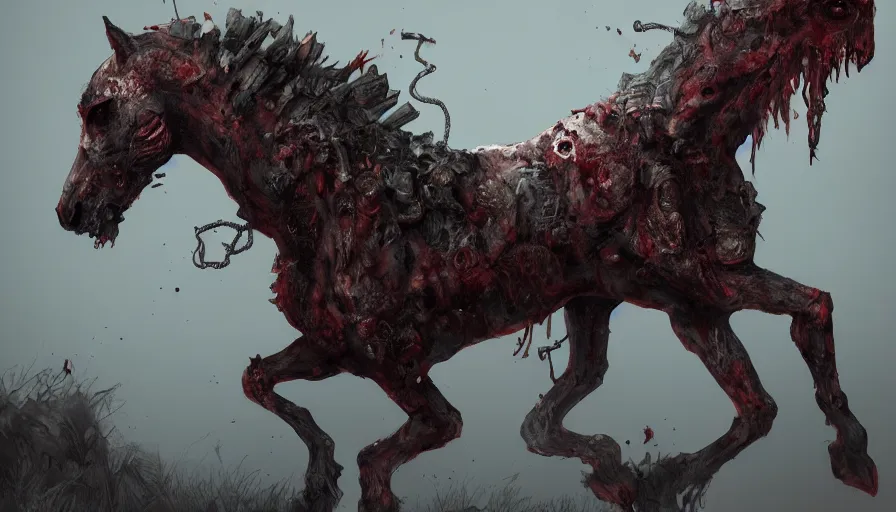 Prompt: Zombie horse, hyperdetailed, artstation, cgsociety, 8k