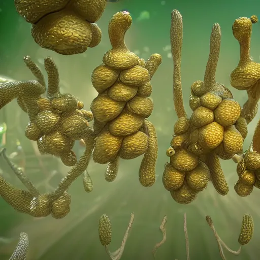 Prompt: golden teacher dropping spores, unreal engine, macroshot