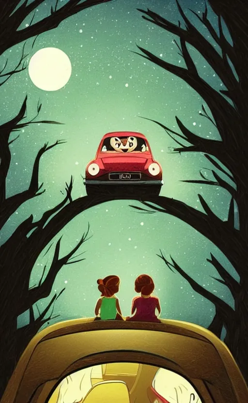 Prompt: disney art style, two girls sitting in an Audi A80 B4, driving through a forest at nighttime on a full moon