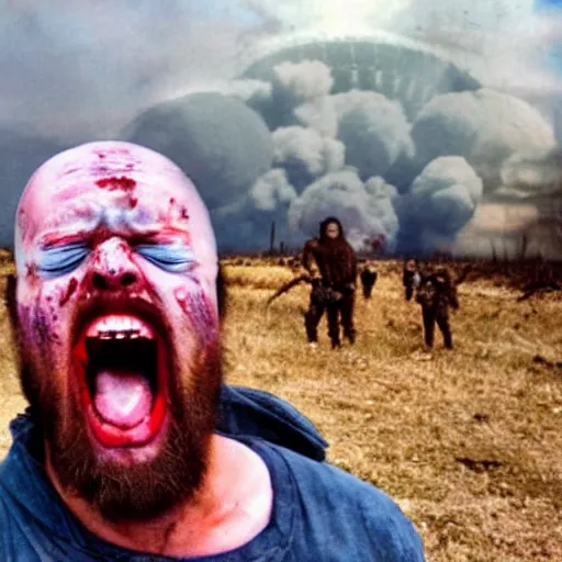 Image similar to selfie of a ukrainian screaming in pain and terrible injuries from a nuclear explosion, everything is on fire and radiation, in the background there are a lot of people like zombies, corpses and skeletons, a large nuclear explosion in the background, people are painted in yellow and blue, all dirty with severed limbs, doomsday