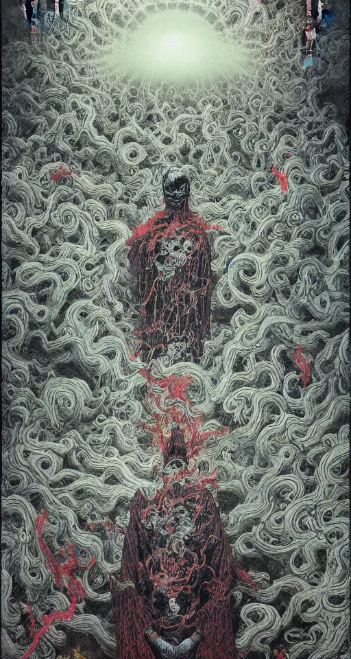 Image similar to zhongyuan festival, chinese ghost festival, king of hell, inside page of comic book, psychedelic lights and fog, in the style of zdzislaw beksinski, ayami kojima, takato yamamoto, barclay shaw, karol bak, glowing light and shadow, hyperrealist