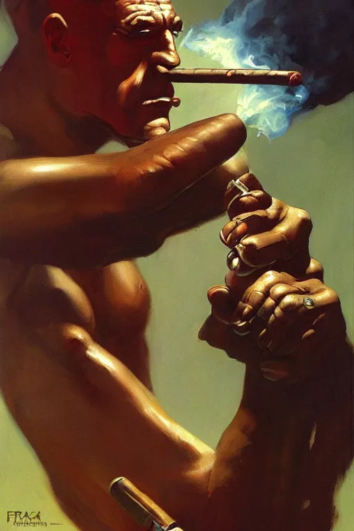 Image similar to An android smoking a cigar, by Frank Frazetta, Trending on Artstation, highly detailed,