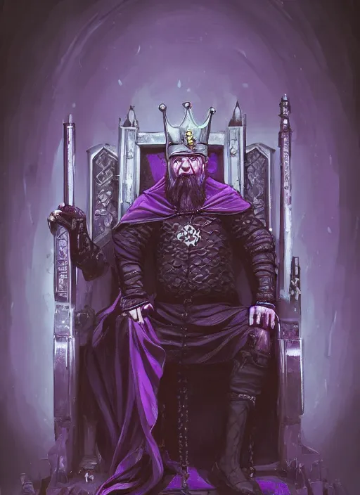 Prompt: a full length portrait of an old medieval king on the cyberpunk throne, dark purple color scheme, grim - lighting, high - contrast, intricate, elegant, highly detailed, digital painting, artstation, concept art, smooth, sharp focus, illustration