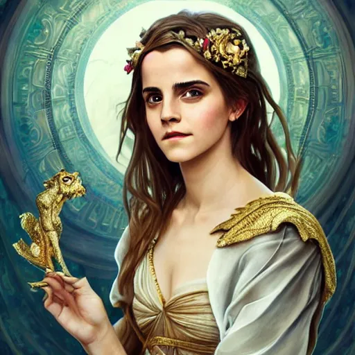 Image similar to Emma Watson as a Greek Goddess, cute, fantasy, intricate, elegant, highly detailed, digital painting, 4k, HDR, concept art, smooth, sharp focus, illustration, art by artgerm and H R Giger and alphonse mucha