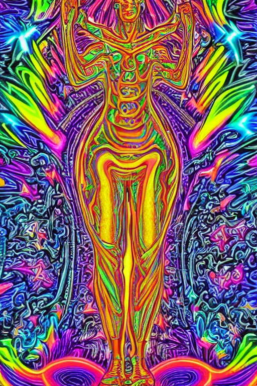 Image similar to a detailed digital neon illustration art of the burning man statue in the style of Alex Grey, lisa frank, psychedelic, fantasy, 8k, ornate, intricate, symmetry