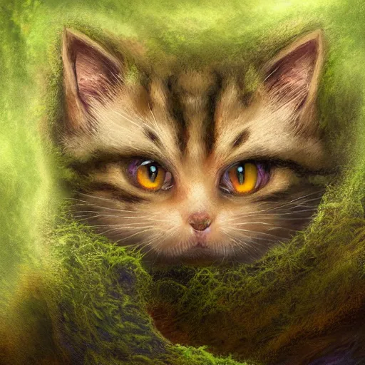 Prompt: rescue from the underworld, shadows of the past, chubby moss kitten, highly detailed, digital painting, HDRI, by tyler boswell and jeff easley, vivid colors, high contrast, 8k resolution, intricate, photorealistic, smooth