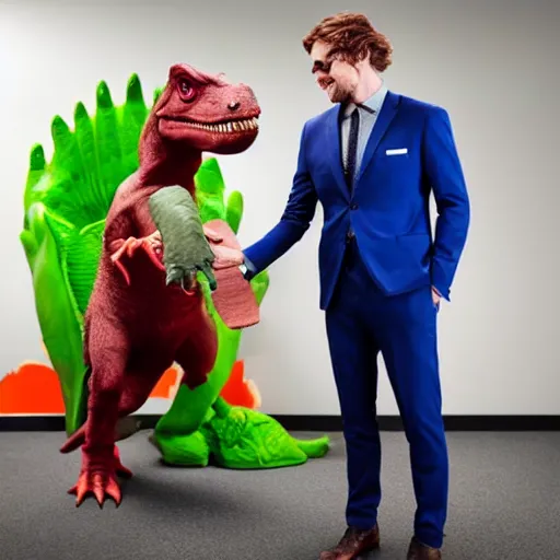 Image similar to The Joker shaking hands with an anthropomorphic dinosaur who is wearing a suit in an office, 8k, detailed,