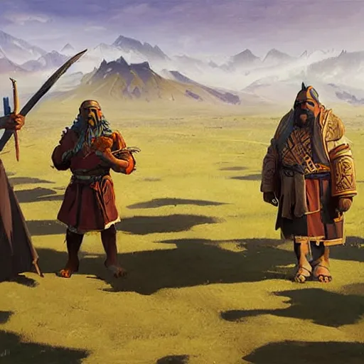 Prompt: slavic orcs in the steppe, magic the gathering artwork, orcs lord of the rings, orthodox, art by nicholas roerich and greg rutkowski