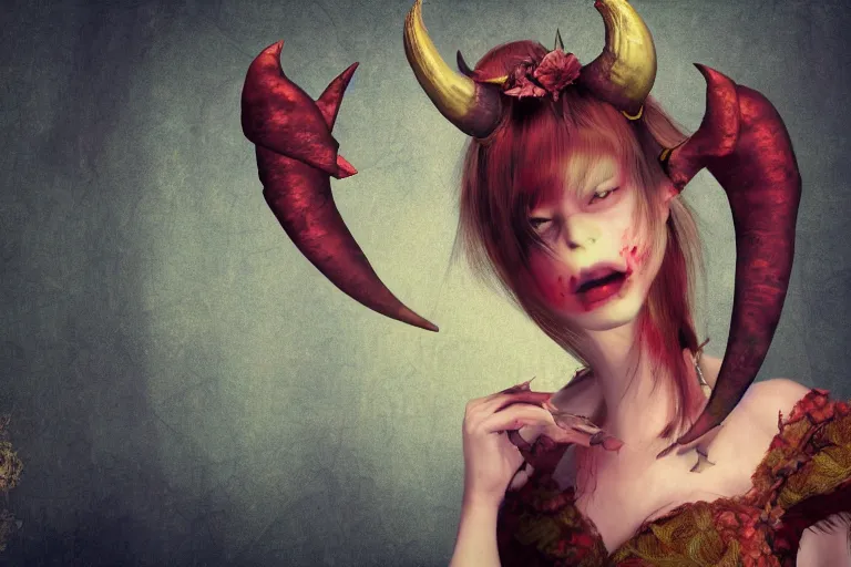 Image similar to pretty demon girl with horns photograph in the style of ray caesar, colorful, realistic, 8 k,