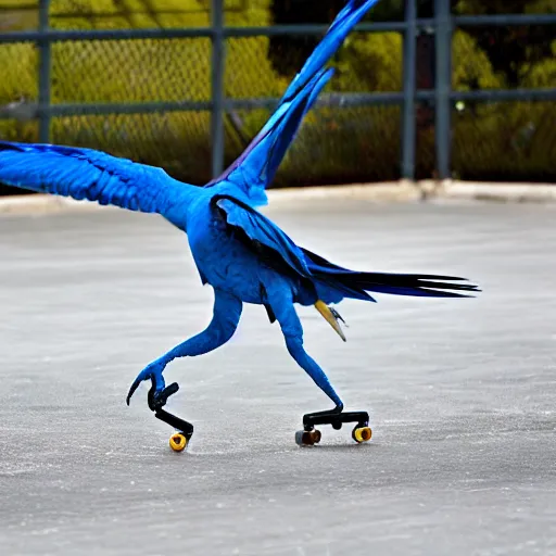 Prompt: Hyacinth macaw skating