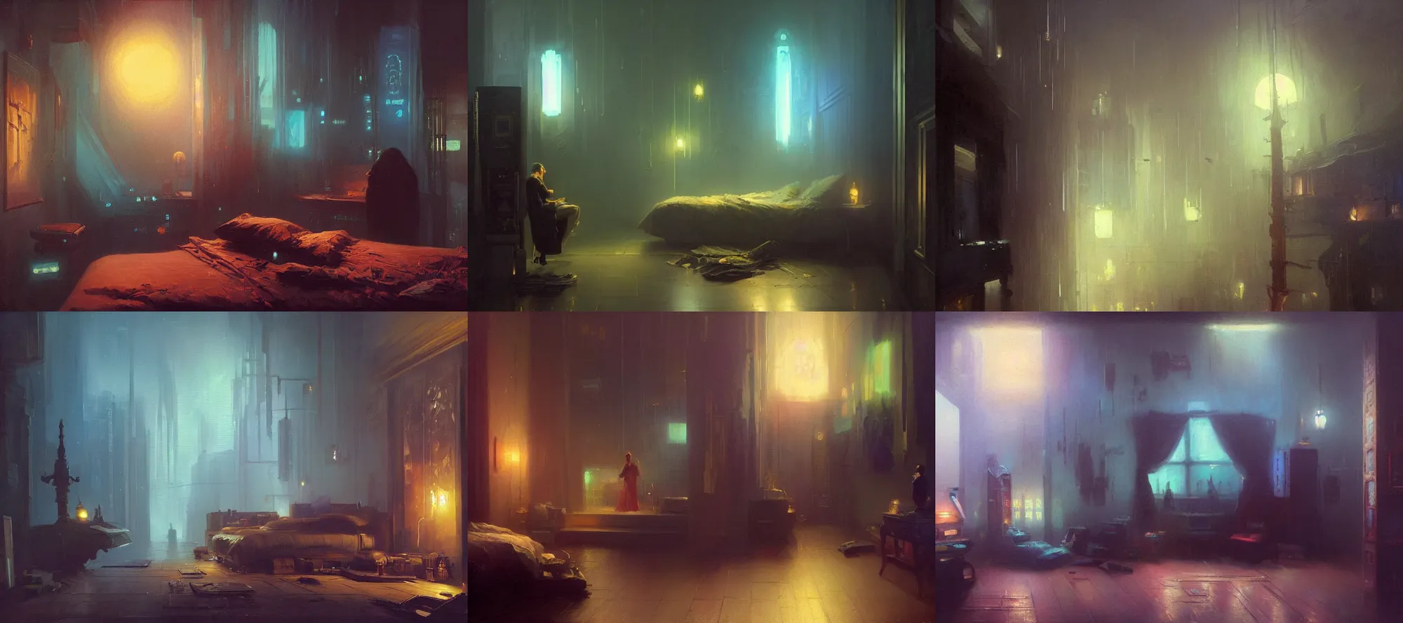 Prompt: a beautiful oil painting of a cyberpunk bedroom at night by ivan aivazovsky and greg rutkowski and james gurney and frank lloyd and sung choi, in style of impressionnisme. hyper detailed, sharp focus, soft light. unreal engine 5 lumen. ray tracing. trending on artstation. oil on canvas