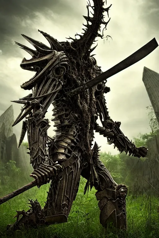 Image similar to post - gothic giant banshee, exoskeleton armor, attacking with axe, dystopian ruins covered in vegetation, highly detailed smooth digital art masterpiece, vitaly bulgarov giger dramatic pink light, ground angle hd 8 k, sharp focus