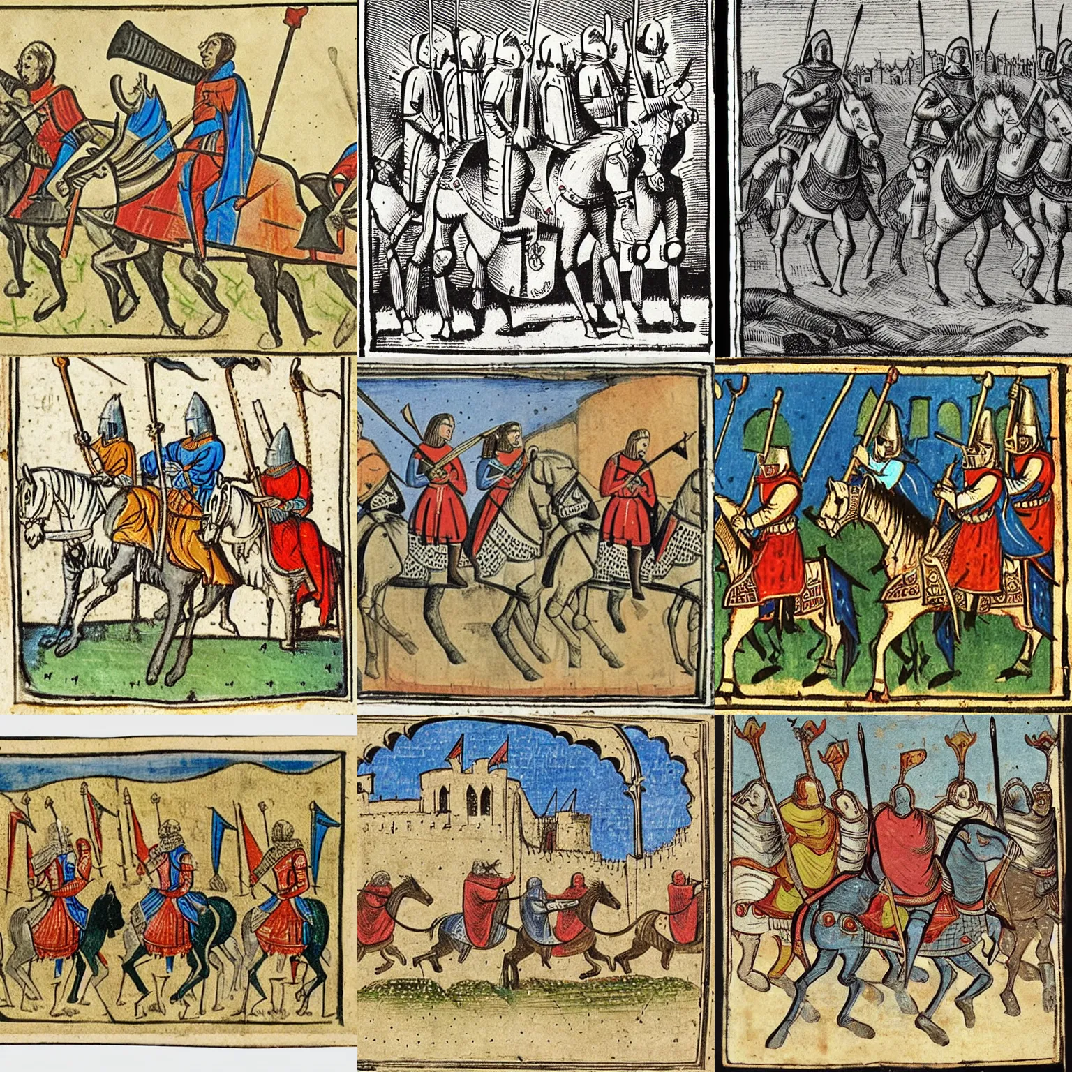 Prompt: a group of knights riding toward a castle, 1 3 th century illustration, crusader bible, morgan bible