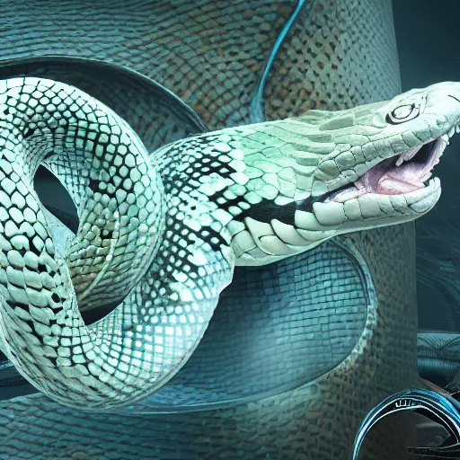 Image similar to a snake biting itself in the center of a futuristic cibernetic card, unreal engine style, intricate details in the frames, 4k, high quality render.