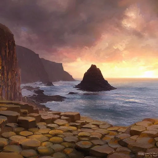 Image similar to a giant human at the giants causeway, by jessica rossier, by greg rutkowski, by anders zorn, by greg manchess, beautiful cinematic light