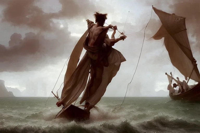 Image similar to ancient historically accurate depiction of Bible Character walking on water during a storm, a small fishing sailboat with scared sailors on board, dramatic lighting by frank miller, illustration by Ruan Jia and Mandy Jurgens and William-Adolphe Bouguereau, Artgerm, 4k, digital art, surreal, space dandy style, highly detailed, godsend, artstation, digital painting, concept art, smooth, sharp focus, illustration by Ruan Jia and Mandy Jurgens and William-Adolphe Bouguereau, Artgerm