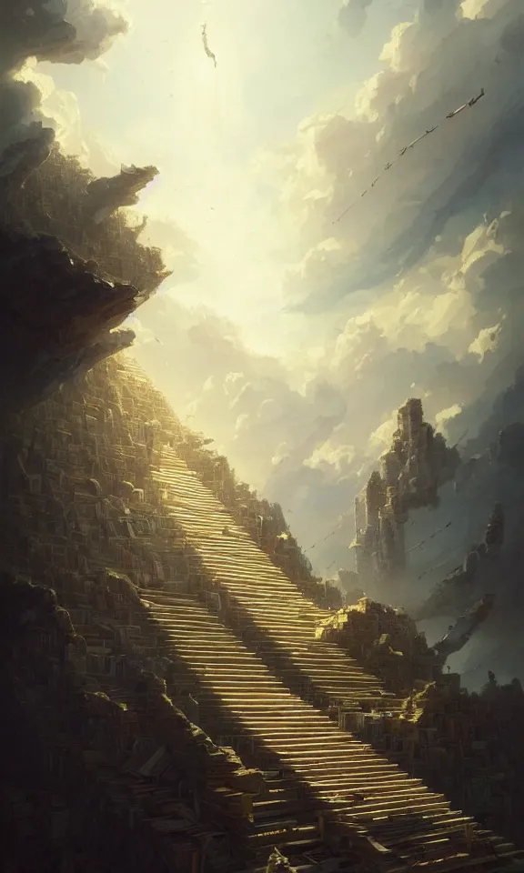 Image similar to endless stairs made of books leading to heaven, sky full of clouds, art by greg rutkowski and peter mohrbacher, featured in artstation, octane render, cinematic, elegant, intricate, ultra detailed, rule of thirds, professional lighting, unreal engine, fantasy, concept art, sharp focus, illustration, 8 k