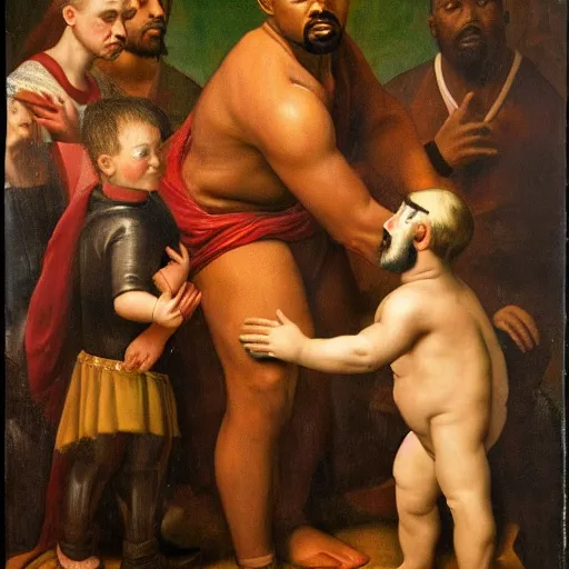 Image similar to A renaissance painting of Kanye West with a anthropomorphic Teddy Bear mascot, portrait, album cover,