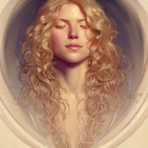 Image similar to A pregnant blond woman with closed eyes smiling, very detailed face, long fluffy curly blond hair, light blond hair, gorgeous, beautiful, intricate, highly detailed, digital painting, artstation, concept art, sharp focus, illustration, art by greg rutkowski and alphonse mucha