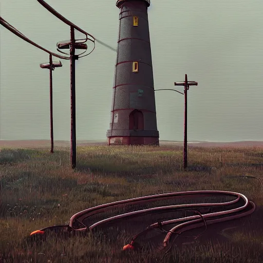 Image similar to lighthouse, mechanic, robotic, abandoned, overgrown, cables by simon stalenhag