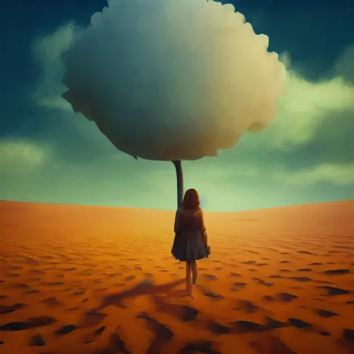 Prompt: closeup giant dahlia flower floating head, a girl walking between dunes, surreal photography, sunrise, blue sky, dramatic light, impressionist painting, digital painting, artstation, simon stalenhag