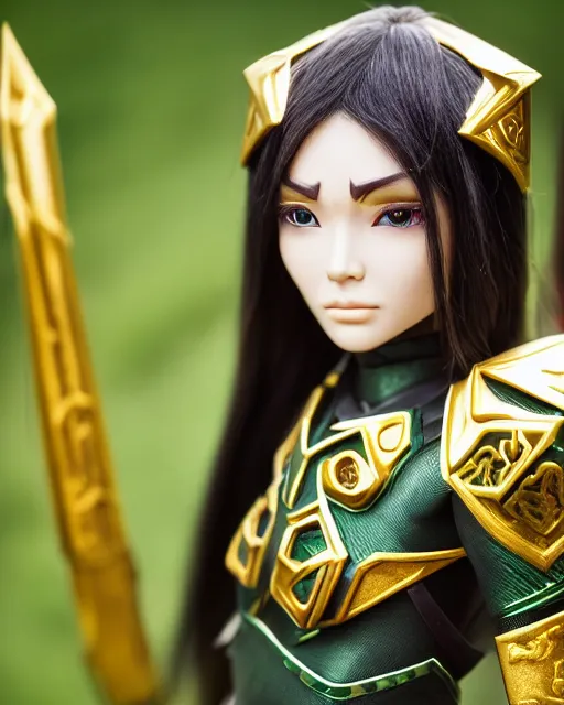 Image similar to a beautiful close up photo of a female Asian elf ranger with long hair and green eyes, no helmet, wearing green and gold futuristic mecha armor, with ornate rune carvings and glowing lining, very detailed, shot in canon 50mm f/1.2