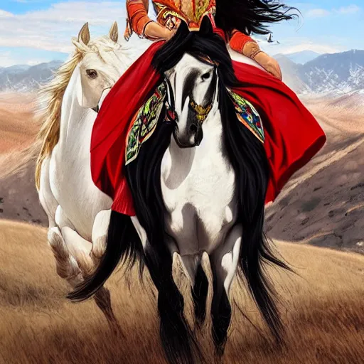 Image similar to full body shot of a beautiful young kurdish woman with beautiful black hair riding a beautiful white horse in the kurdish mountains art by martin ansin, highly detailed, 8 k, high resolution, award winning art, incredibly intricate, beautiful and symmetrical face