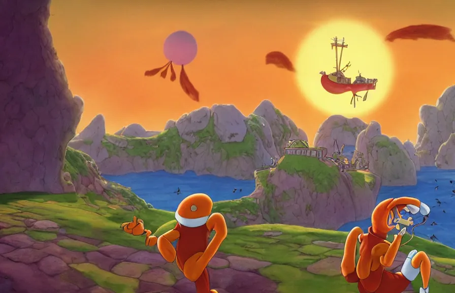 Image similar to a realistic cell - shaded cartoon of toejam and earl from howl's moving castle ( 2 0 0 4 ). in the background is a white pristine pyramid in the ocean. shafts of sunlight come from above. wide shot, very dull muted colors, hd, 4 k, hq