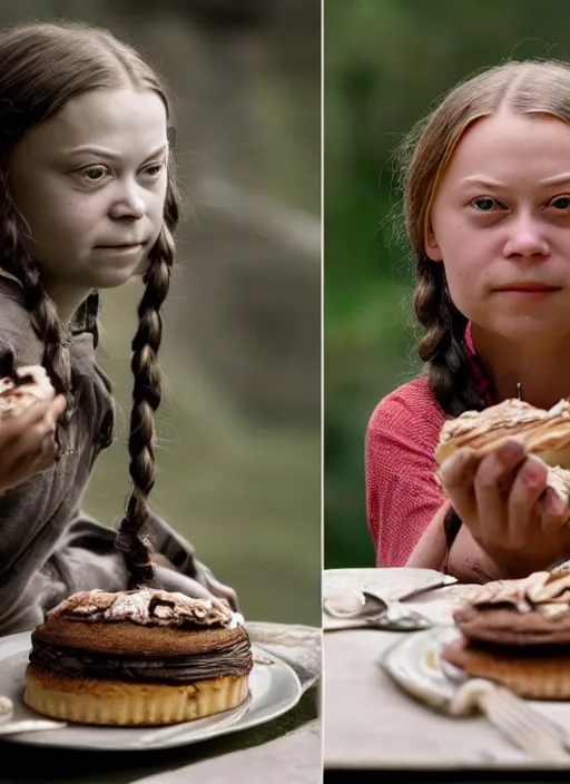 Image similar to closeup portrait of greta thunberg as a medieval goblin eating cakes, depth of field, zeiss lens, detailed, symmetrical, centered, fashion photoshoot, by Annie Leibovitz and Steve McCurry, David Lazar, Jimmy Nelsson, Breathtaking, 8k resolution, extremely detailed, beautiful, establishing shot, artistic, hyperrealistic, beautiful face, octane render