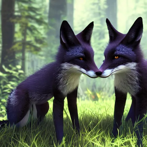 Image similar to second life in game screenshot of black foxes cuddling next to each other in a beautiful fantasy forest lit with fireflies, 3 d render, octane engine, unreal engine 4, 4 k screenshot