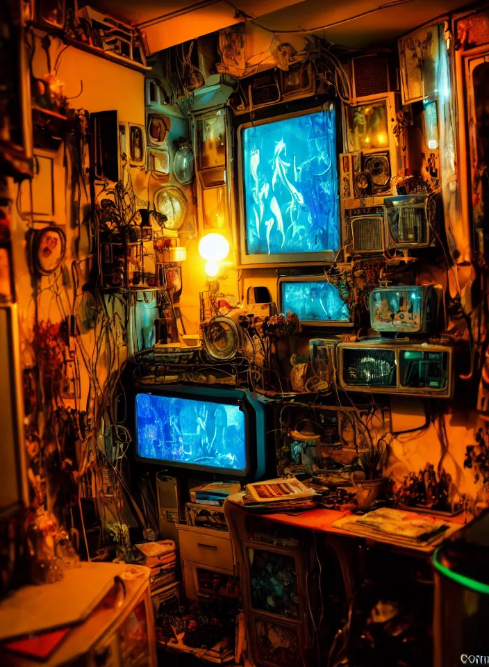 Image similar to telephoto 7 0 mm f / 2. 8 iso 2 0 0 photograph depicting the feeling of chrysalism in a cosy cluttered french sci - fi ( ( art nouveau ) ) cyberpunk apartment in a dreamstate art cinema style. ( ( computer screens, sink ( ( ( fish tank ) ) ) ) ), ambient light.