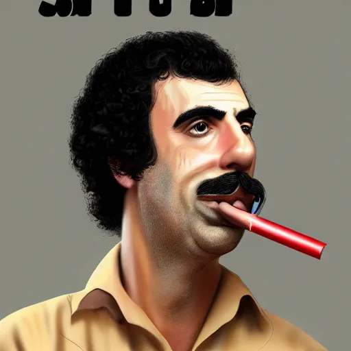 Image similar to Sacha Baron Cohen as borat smoking a giant rolled cannabis cigarette, caricature, smoke, amazing detail, digital art, artstation