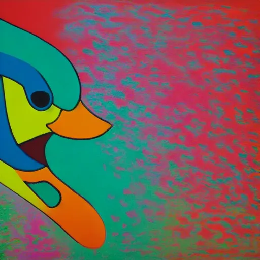 Prompt: a duck on the prowl oil painting jim lambie