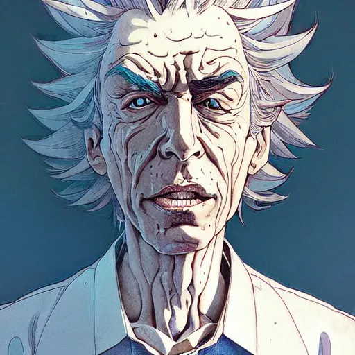 Image similar to 3 0 0 0 rick sanchez portrait soft light by james jean and katsuhiro otomo and erik jones, inspired by akira anime, smooth face feature, intricate high detail, sharp high detail, manga and anime