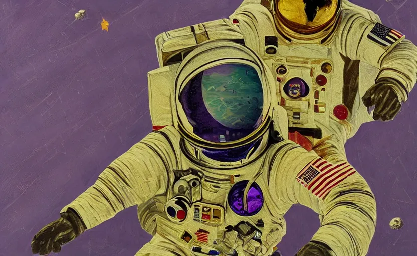 Image similar to insane _ detail _ textured _ art _ deco _ painting _ of _ astronaut _ full _ body _ flying _ from _ bottom _ left _ to _ top _ right _ muted _ greens _ and _ browns _ geometric _ gold _ and _ deep _ purple