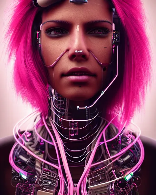 Prompt: portrait of a beautiful brown woman with pink hair as a cyberpunk cyborg half robot, revealing wires and electronics, hooked - up, sci - fi, missing panels, intricate abstract upper body intricate artwork, concept art, octane render, deviantart, cinematic, key art, hyperrealism, iridescent accents, portrait photograph, nikon 3 5 mm, photograph by greg rutkowski