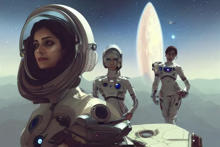 Prompt: Sensual beautiful female pale young Indian doctors wearing Deus Ex clothing in a space station above Earth, portrait, elegant, intricate, digital painting, artstation, concept art, smooth, sharp focus, illustration, art by artgerm and greg rutkowski and alphonse mucha