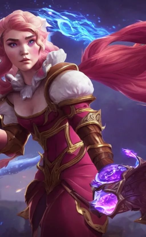 Image similar to Florence Pugh as a character in the game League of Legends, with a background based on the game League of Legends, detailed face, old 3d graphics