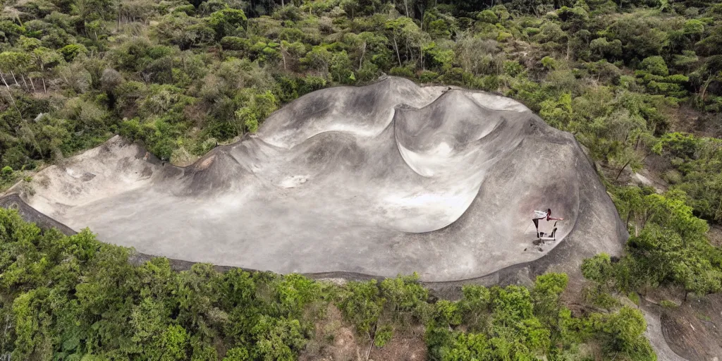 Prompt: a drone shot of a skatepark in a volcano