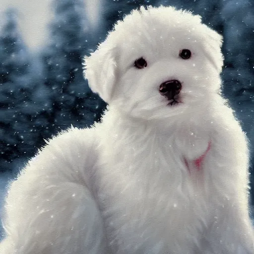 Prompt: cute fluffy white puppy sitting in snowy winter landscape detailed painting 4k