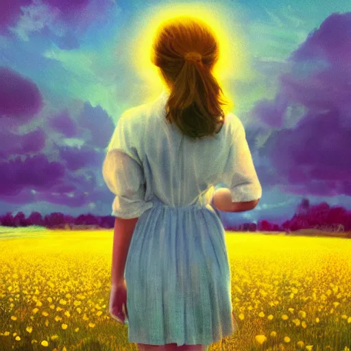 Image similar to many daisy flowers as a head, full body, girl walking in a flower field, surreal photography, sunrise dramatic light, impressionist painting, colorful clouds, digital painting, artstation, simon stalenhag, flower face