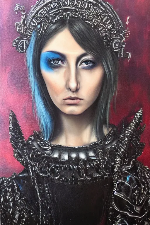 Image similar to hyperrealism oil painting, close - up portrait of punk gothic medieval brunette fashion model, knight, steel gradient mixed with nebula sky, in style of baroque