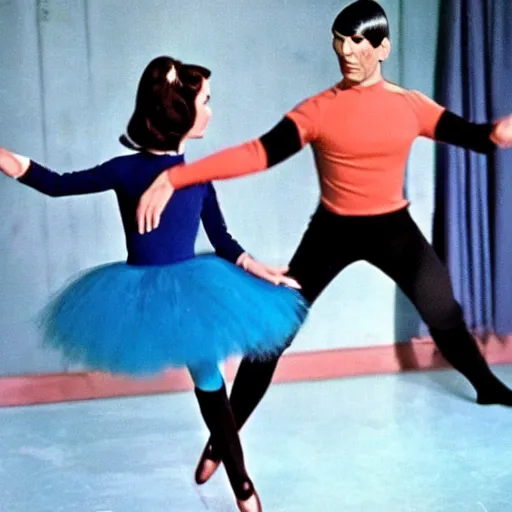 Prompt: color photo of spock wearing a blue tutu!!! taking ballet lessons from a female klingon!!!!!!!!!!!!!