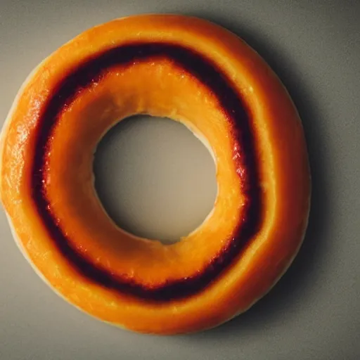 Image similar to Perfectly circular donut!!!!! in the style and shape of an orange!!!!!!, blended colors!!!!!, trending on artstation, 4k, 8k, professional photography, overhead shot, 35mm lens