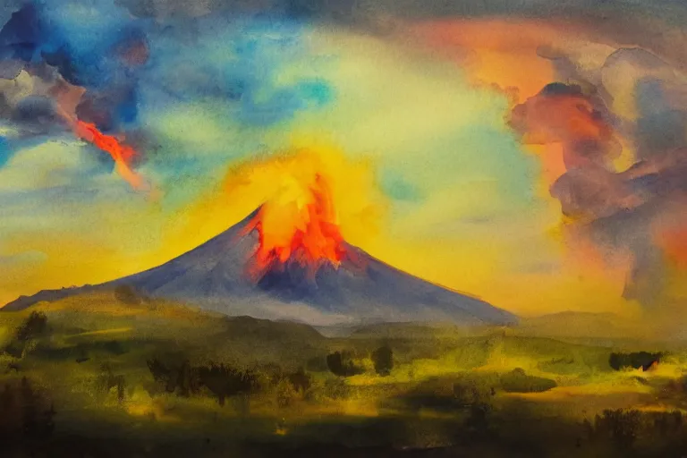 Prompt: peaceful sunny landscape with burning volcano in center and heavy thunderstorm above it, aquarelle painting, trending on artstation, 4 k