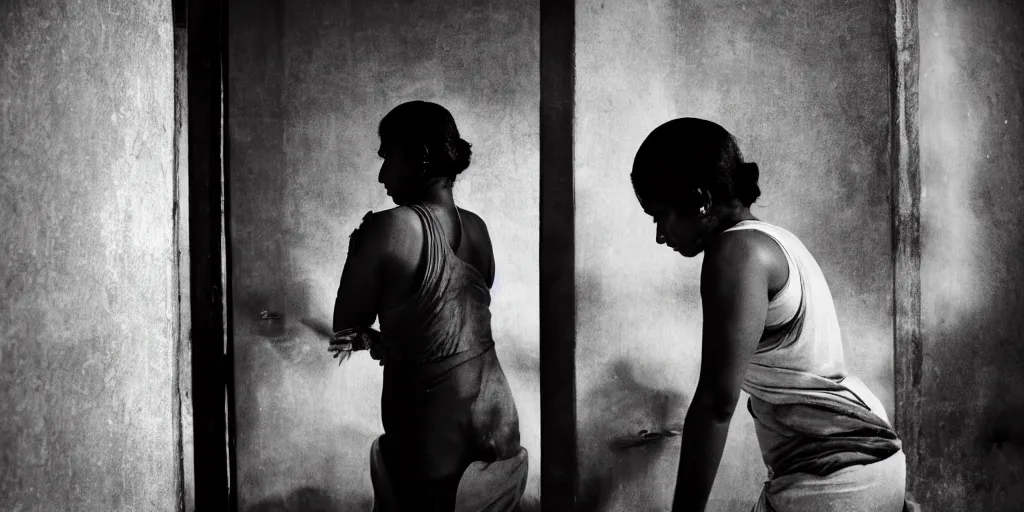 Image similar to sri lankan woman in the bathroom, wearing a towel, film still, thriller movie style