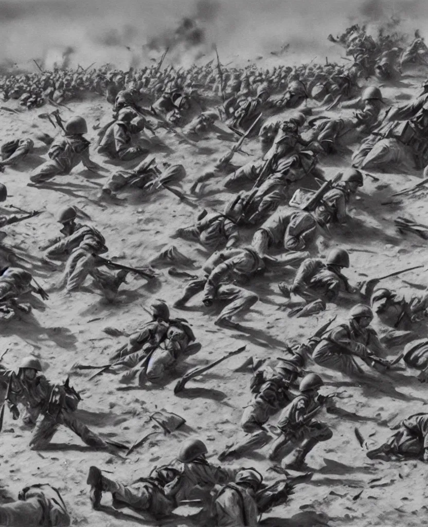 Prompt: a painting of war scenes in el alamein battle, with some hand written letters, istituto luce's video still frames, wwii, black and white,, 8 k, optical illusion, escher